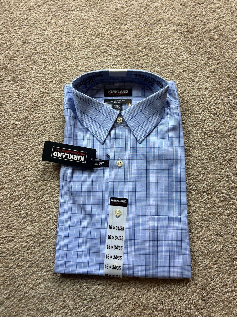 Kirkland Signature Men's Blue Plaid Dress Shirt 16 34/35 Non Iron NWT